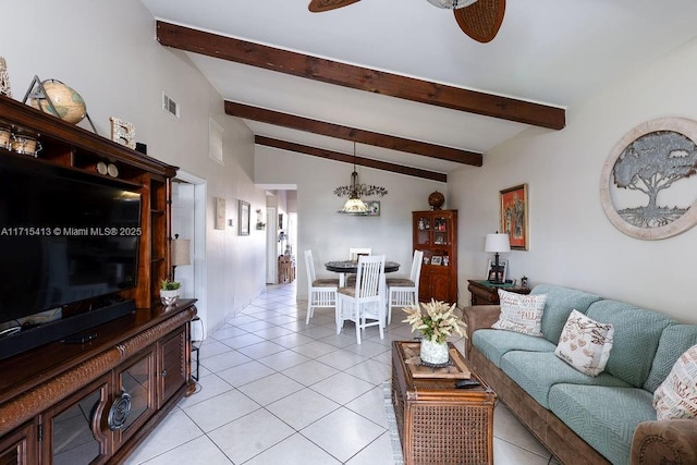 tiled living room with lofted ceiling with beams and ceiling fan