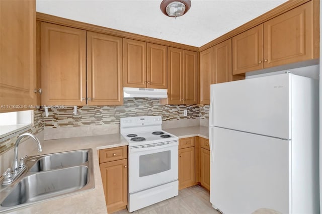 kitchen with decorative backsplash, sink, light tile patterned floors, and white appliances