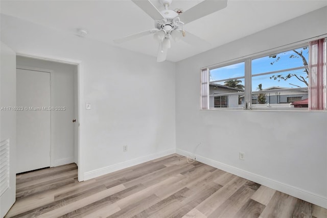 empty room featuring ceiling fan and light hardwood / wood-style floors