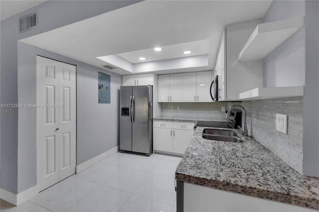 kitchen with tasteful backsplash, white cabinetry, sink, and appliances with stainless steel finishes