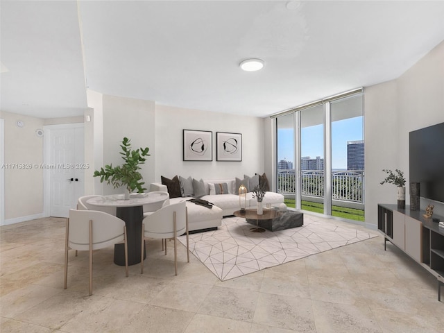 living room with a wall of windows