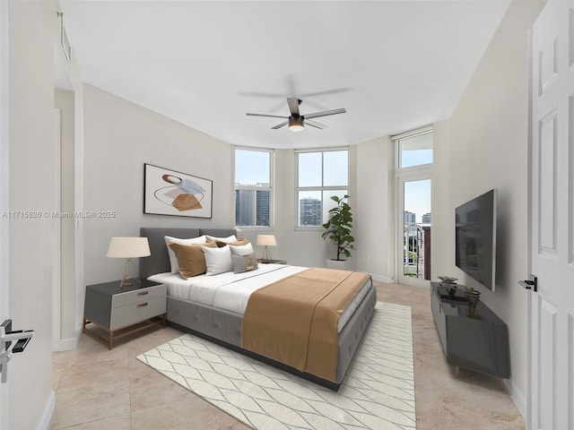 bedroom with light tile patterned floors and ceiling fan