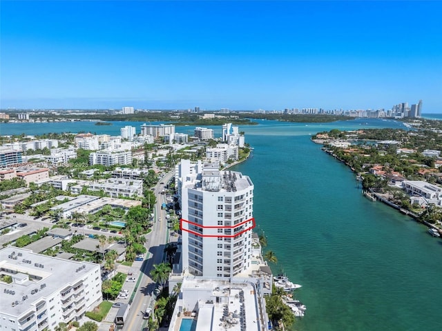 drone / aerial view featuring a water view