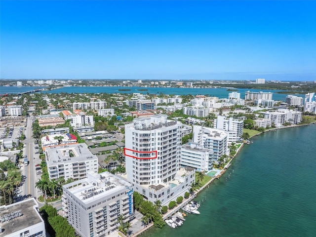 drone / aerial view with a water view