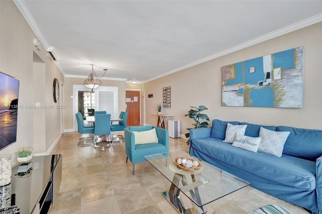 living room with ornamental molding