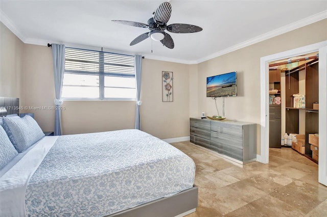 bedroom with ceiling fan and ornamental molding