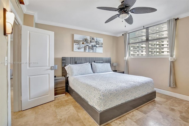 bedroom with ceiling fan and crown molding