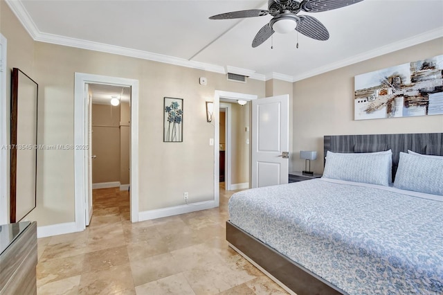 bedroom with ceiling fan, a spacious closet, and ornamental molding