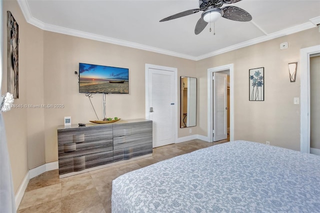 bedroom with ceiling fan and ornamental molding