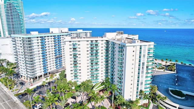 view of building exterior with a water view