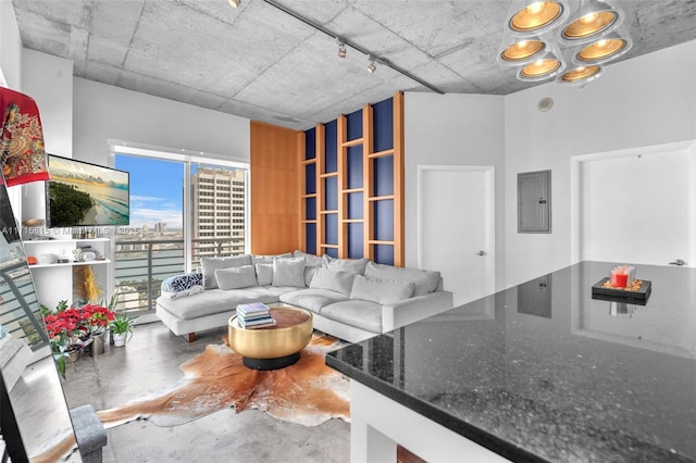 living room featuring rail lighting, electric panel, and concrete floors