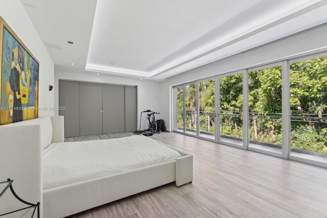 bedroom with access to exterior, a raised ceiling, and wood finished floors