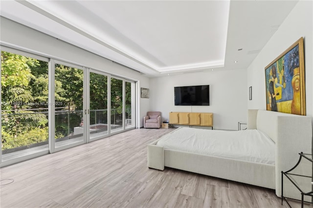 bedroom featuring a raised ceiling, access to outside, and wood finished floors