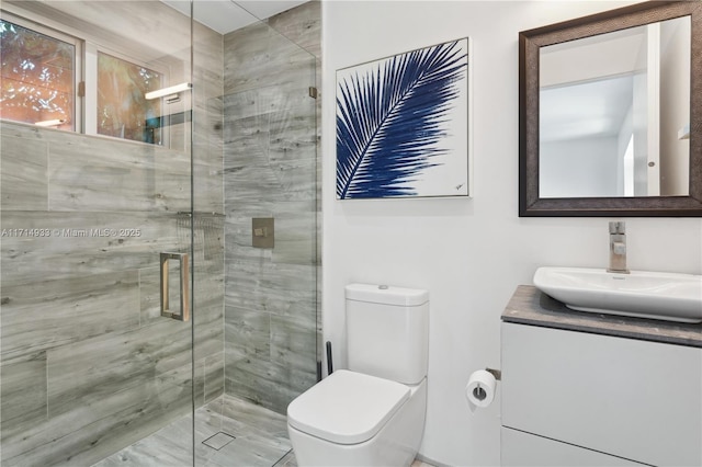 bathroom featuring toilet, vanity, and a shower stall
