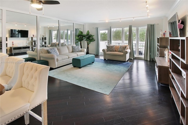 sunroom / solarium with ceiling fan and track lighting