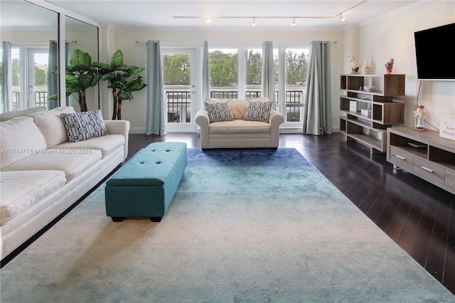 living room with dark hardwood / wood-style flooring, rail lighting, crown molding, and a healthy amount of sunlight