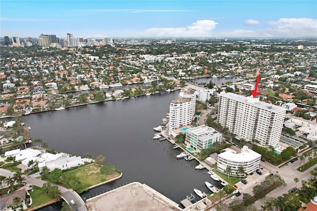 drone / aerial view featuring a water view