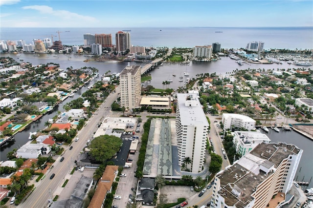 bird's eye view with a water view