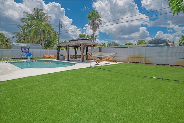 view of pool featuring a gazebo, a patio area, and a lawn