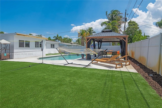 view of pool featuring a gazebo, a patio area, and a yard