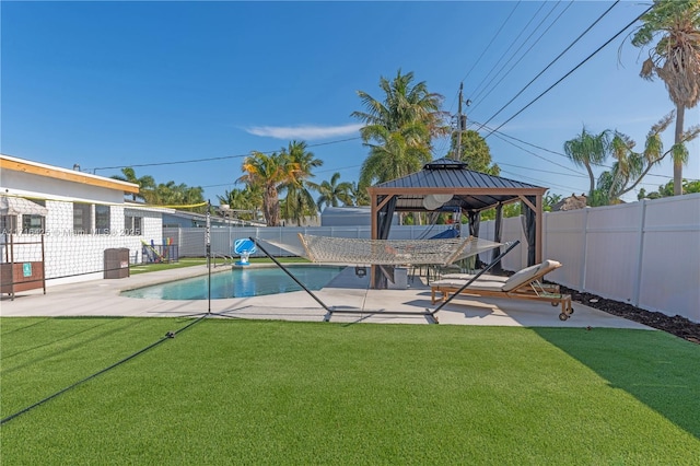 view of pool featuring a gazebo, a patio area, and a yard