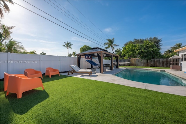 view of swimming pool featuring a gazebo, a yard, and a patio