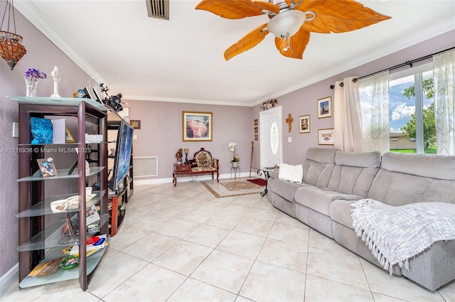 tiled living room with crown molding and ceiling fan