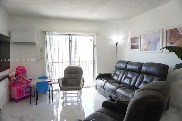 living room with a wall mounted air conditioner and a textured ceiling