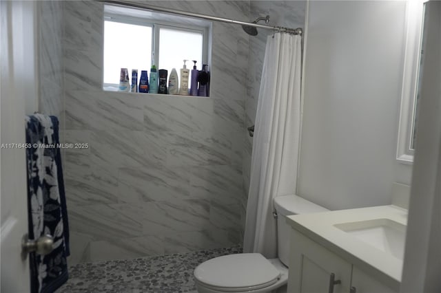 bathroom featuring vanity, curtained shower, and toilet