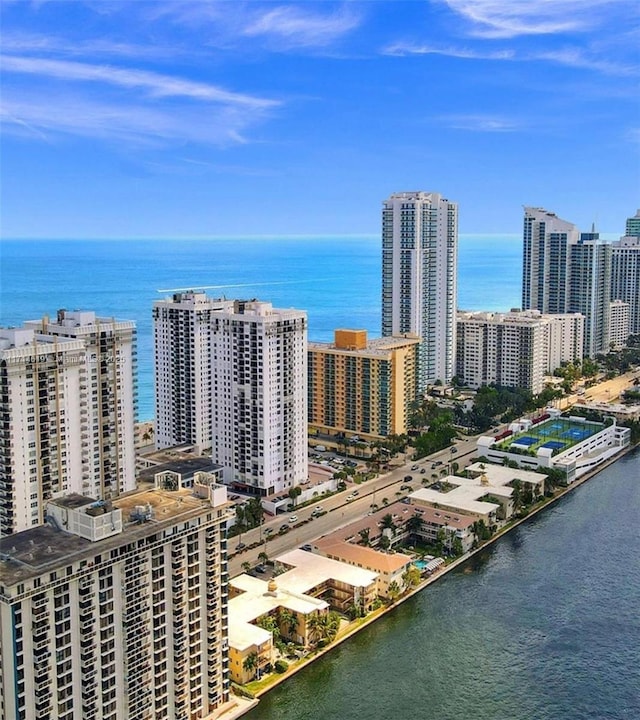 bird's eye view with a water view