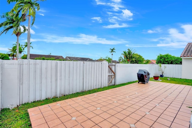 view of patio featuring area for grilling, a gate, and a fenced backyard