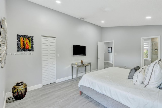 bedroom featuring baseboards, visible vents, lofted ceiling, light wood-style flooring, and recessed lighting