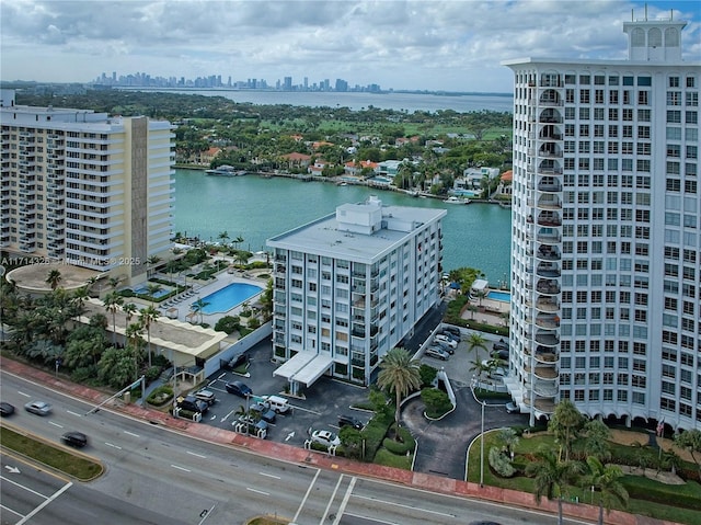 drone / aerial view featuring a water view