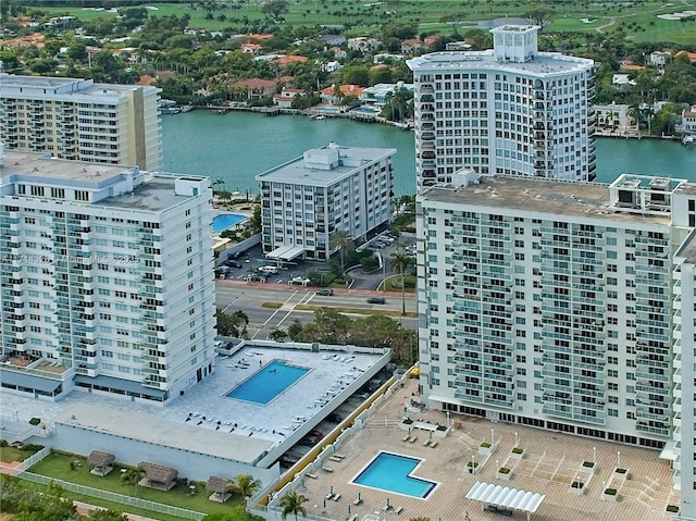 drone / aerial view with a water view