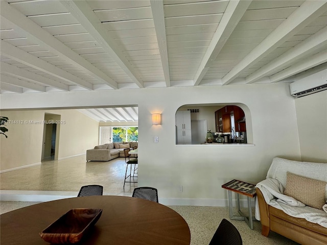 dining room featuring a wall mounted air conditioner and beam ceiling