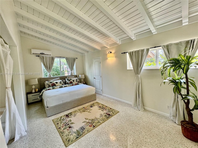 bedroom with multiple windows, vaulted ceiling with beams, a wall mounted AC, and wood ceiling