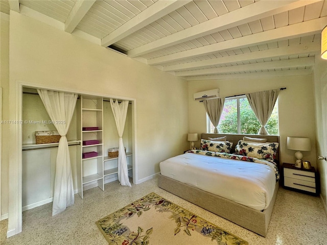 bedroom featuring vaulted ceiling with beams, a wall unit AC, and wooden ceiling