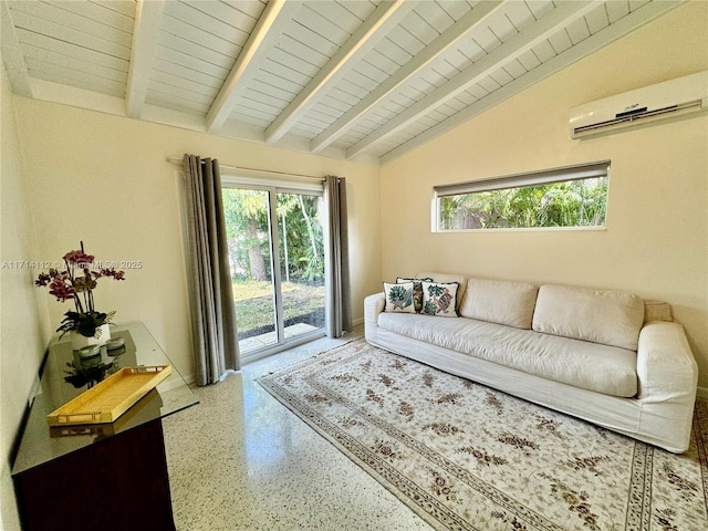 living room with a wall mounted air conditioner, vaulted ceiling with beams, and wooden ceiling