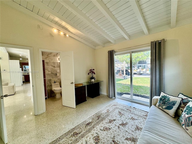 bedroom featuring access to exterior, lofted ceiling with beams, ensuite bathroom, and wooden ceiling