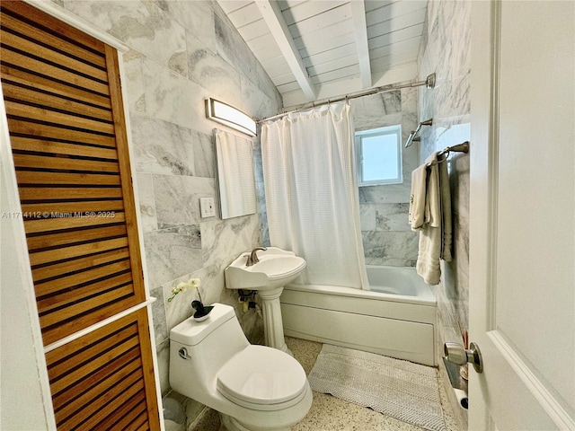 bathroom featuring wooden ceiling, shower / bath combination with curtain, lofted ceiling with beams, toilet, and tile walls