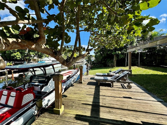 view of dock with a yard