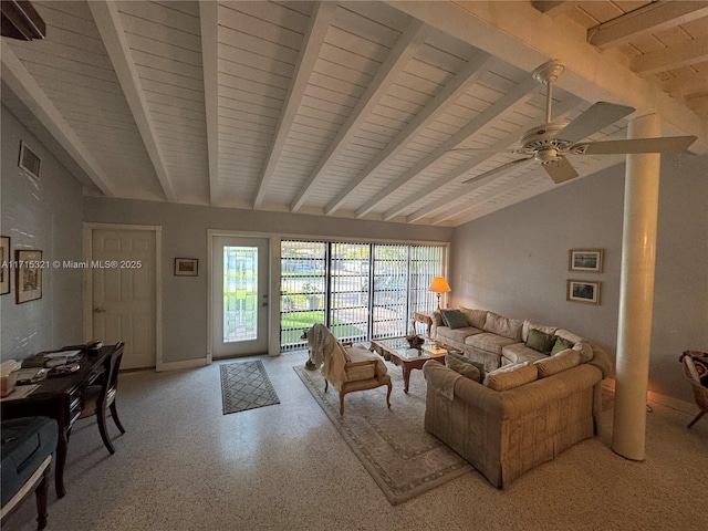 living room featuring vaulted ceiling with beams, wooden ceiling, and ceiling fan