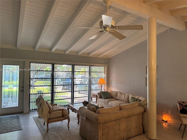 living room featuring vaulted ceiling with beams and ceiling fan