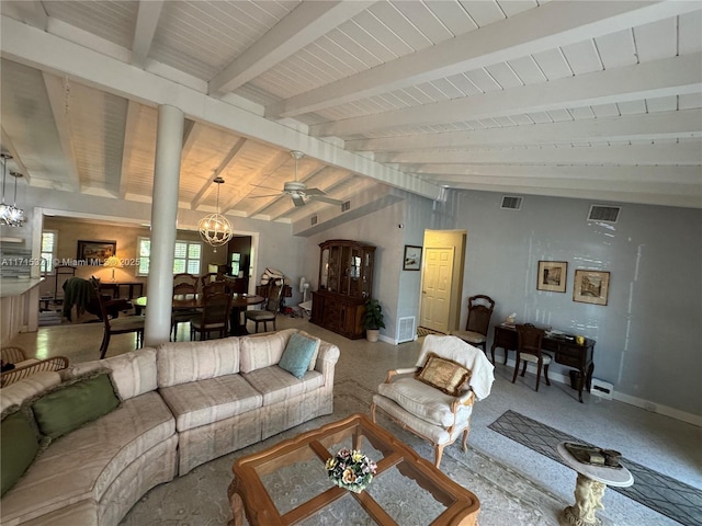 living room with ceiling fan with notable chandelier and lofted ceiling with beams