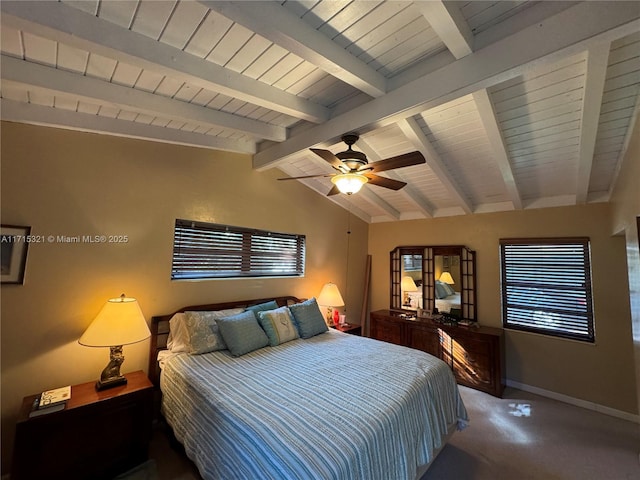 carpeted bedroom featuring lofted ceiling with beams and ceiling fan