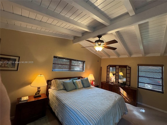 bedroom with vaulted ceiling with beams, ceiling fan, wood ceiling, and multiple windows