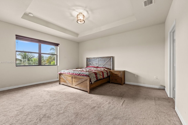 bedroom featuring a raised ceiling and baseboards