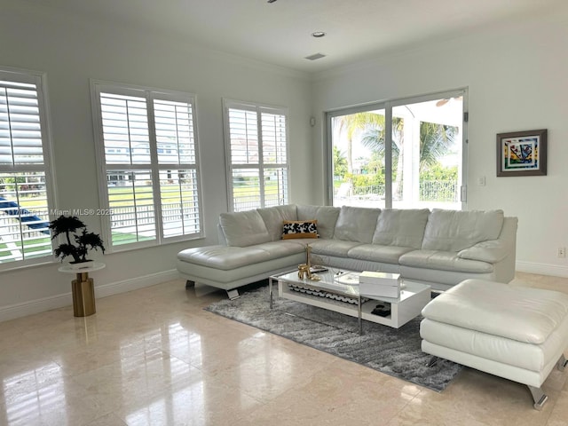 living room featuring crown molding