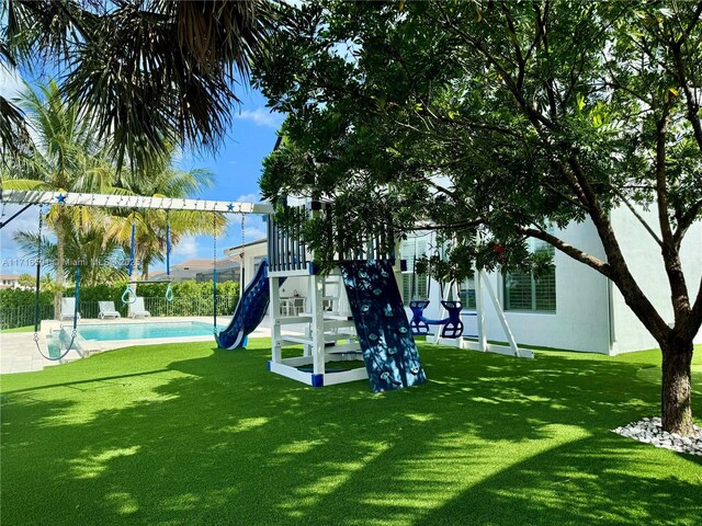 view of play area with a fenced in pool and a lawn