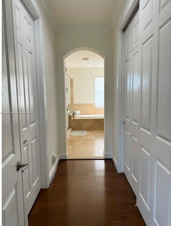 hallway with dark hardwood / wood-style floors and ornamental molding